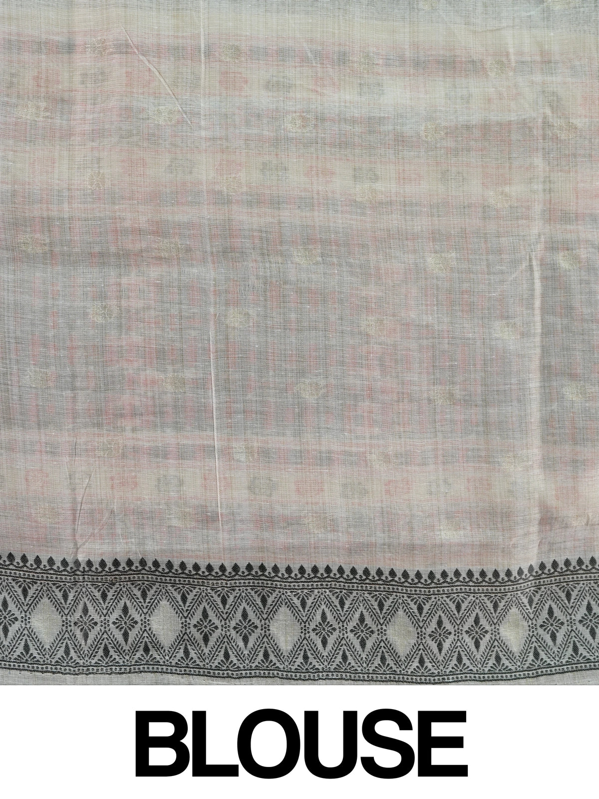 Ivory linen cotton saree with black temple border, floral buttas and pink patterned pallu