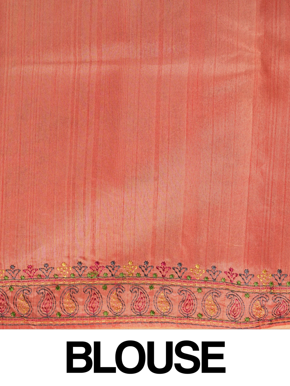 Coral art silk designer saree with multicolour allover floral embroidery and paisley border
