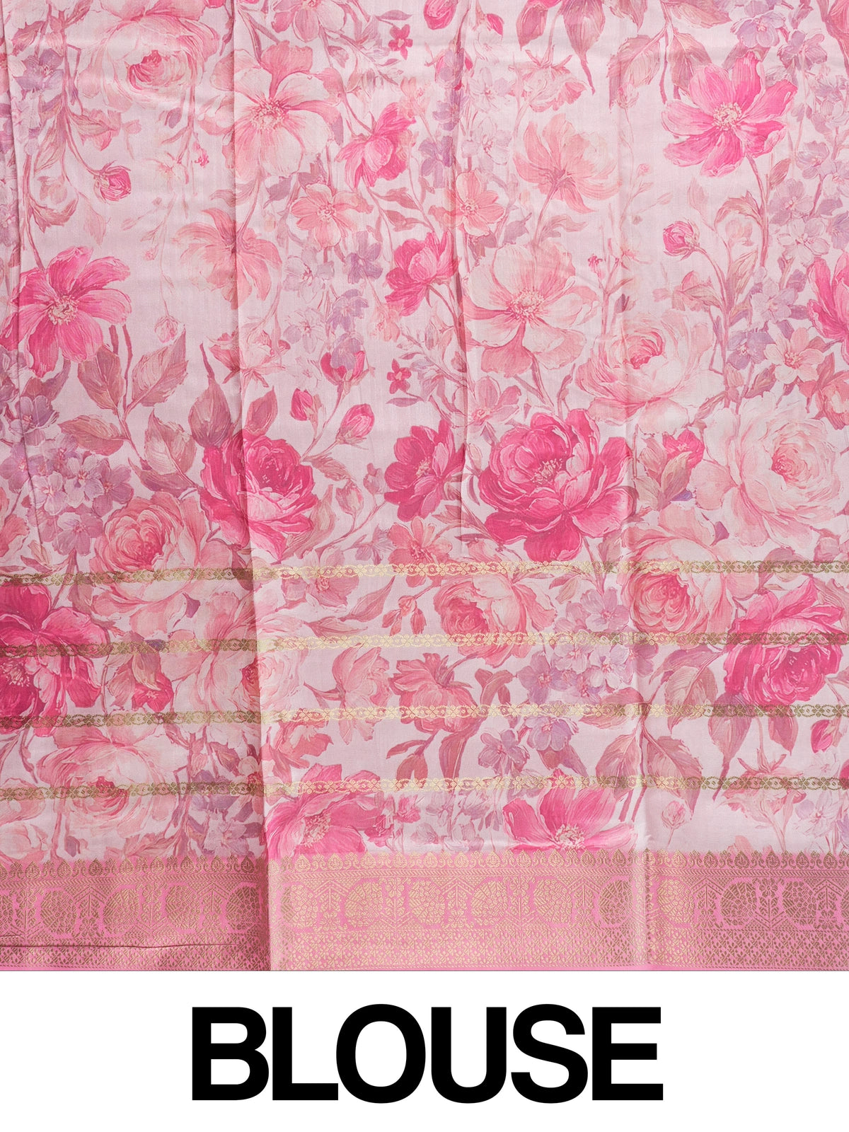 Off-white and pink floral semi tussar saree with gold zari stripes and contrast pink zari border
