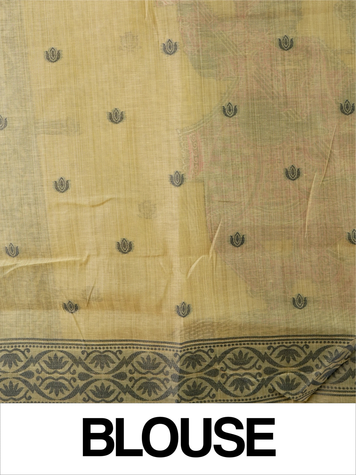 Beige linen cotton saree with floral print, grey-green border and Kalamkari-style Radha-Krishna pallu