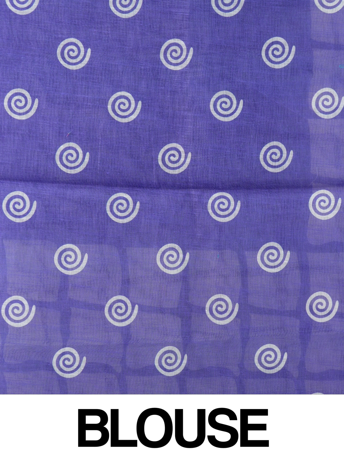 Violet linen cotton saree with white batik square-grid border and spiral motifs