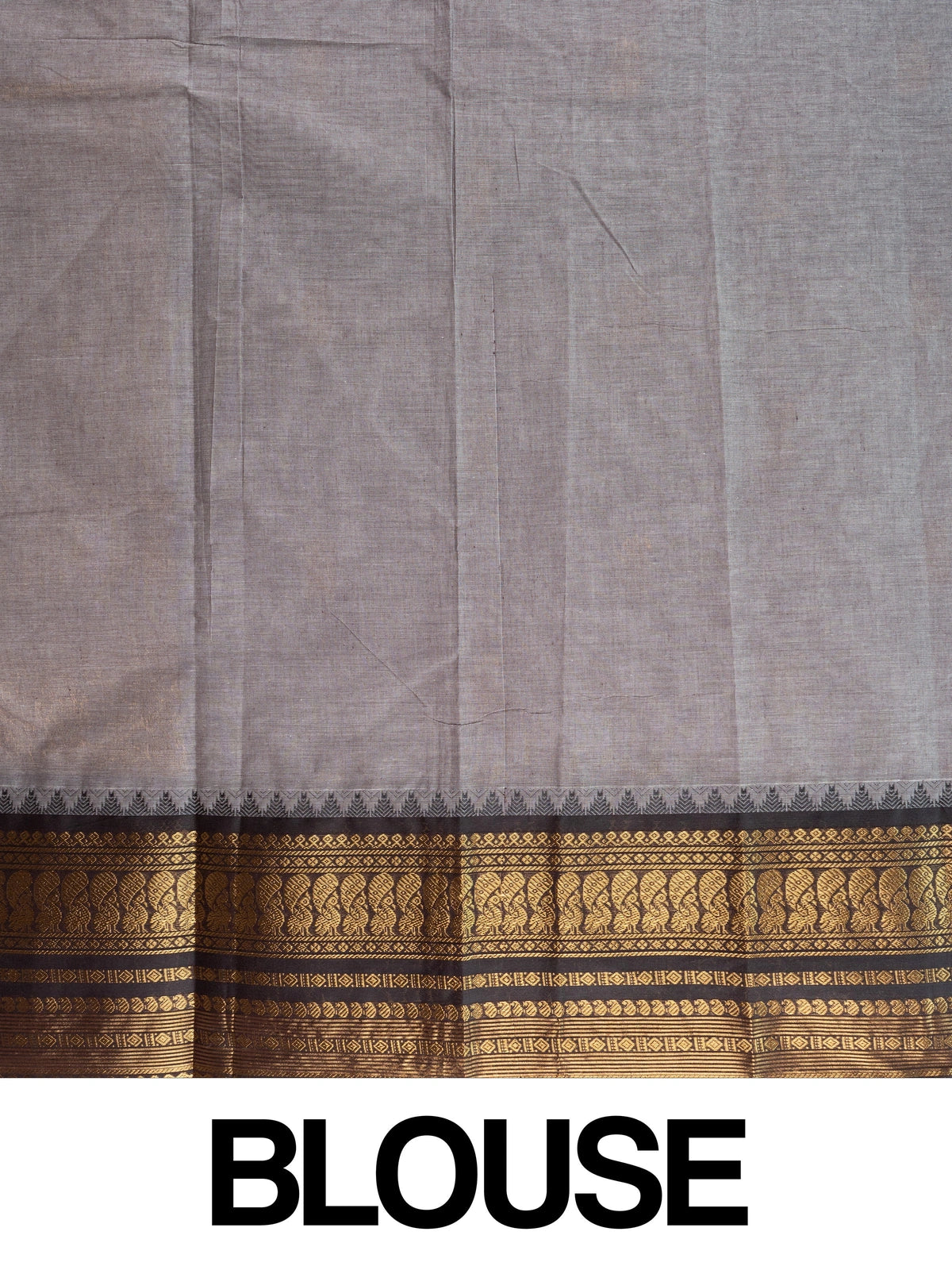 Grey Chettinad cotton saree with black contrast border and gold zari paisley buttas