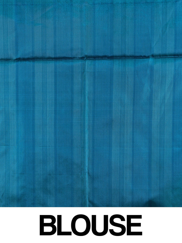Teal blue and peach checked banana silk saree with contrast zari pallu