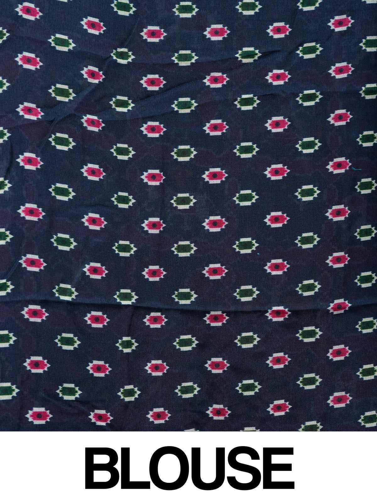 Teal linen cotton saree with navy and pink patola-style border, peacock and elephant motifs, and contrast blouse