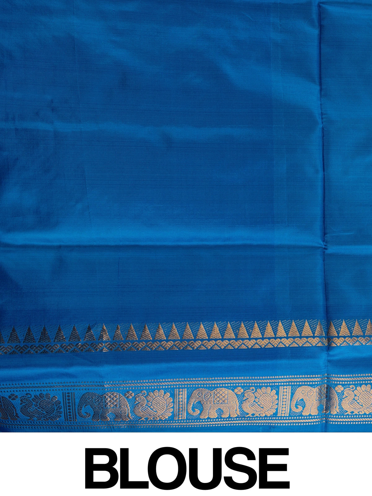 Peach banana silk saree with contrast blue zari border and elephant-peacock pallu motifs