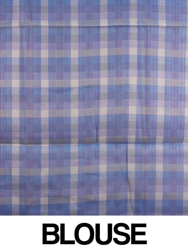 Cream linen cotton saree with blue and purple checked contrast pallu and border