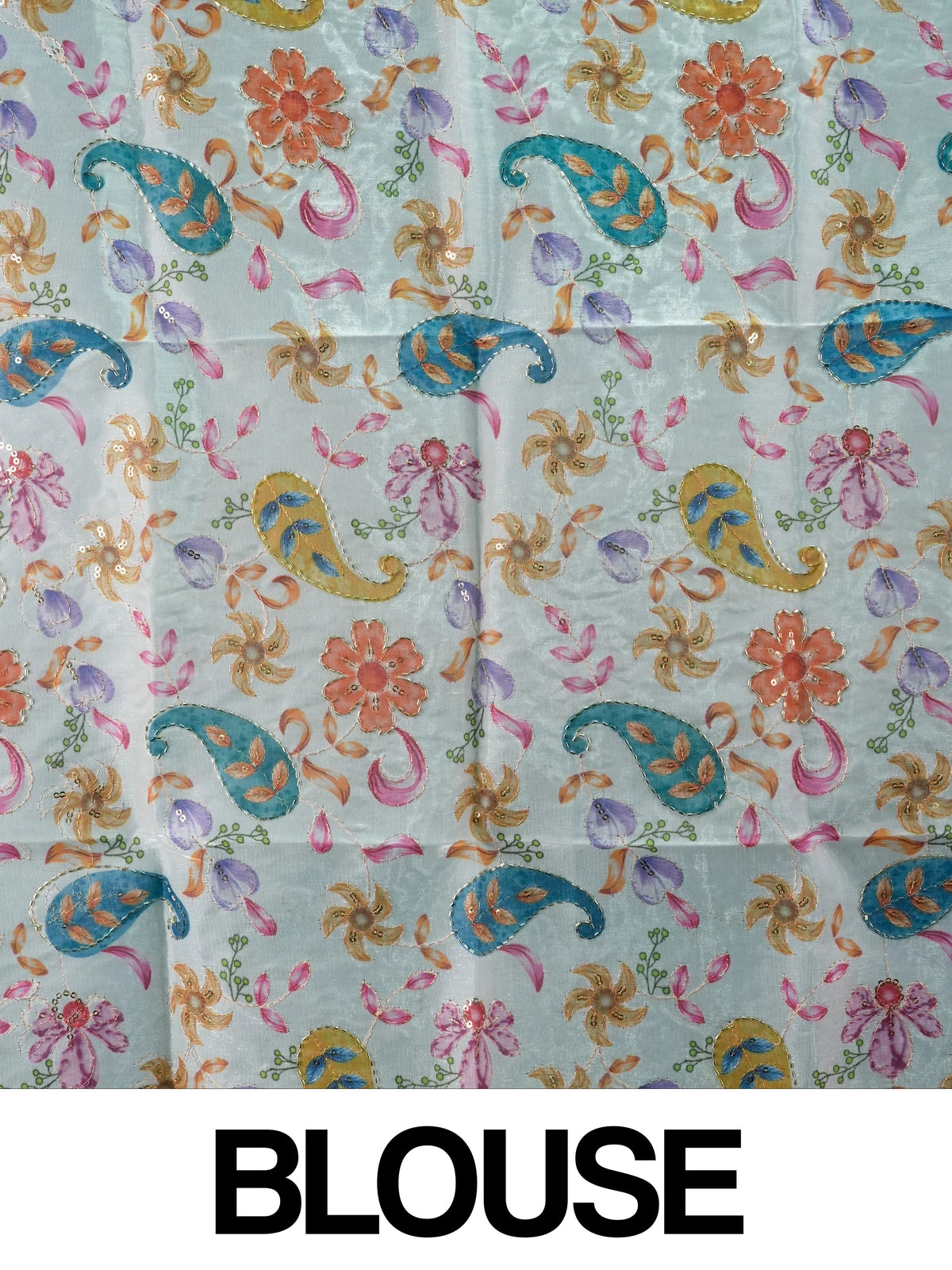 Turquoise blue shimmer tissue designer saree with printed floral-paisley contrast blouse
