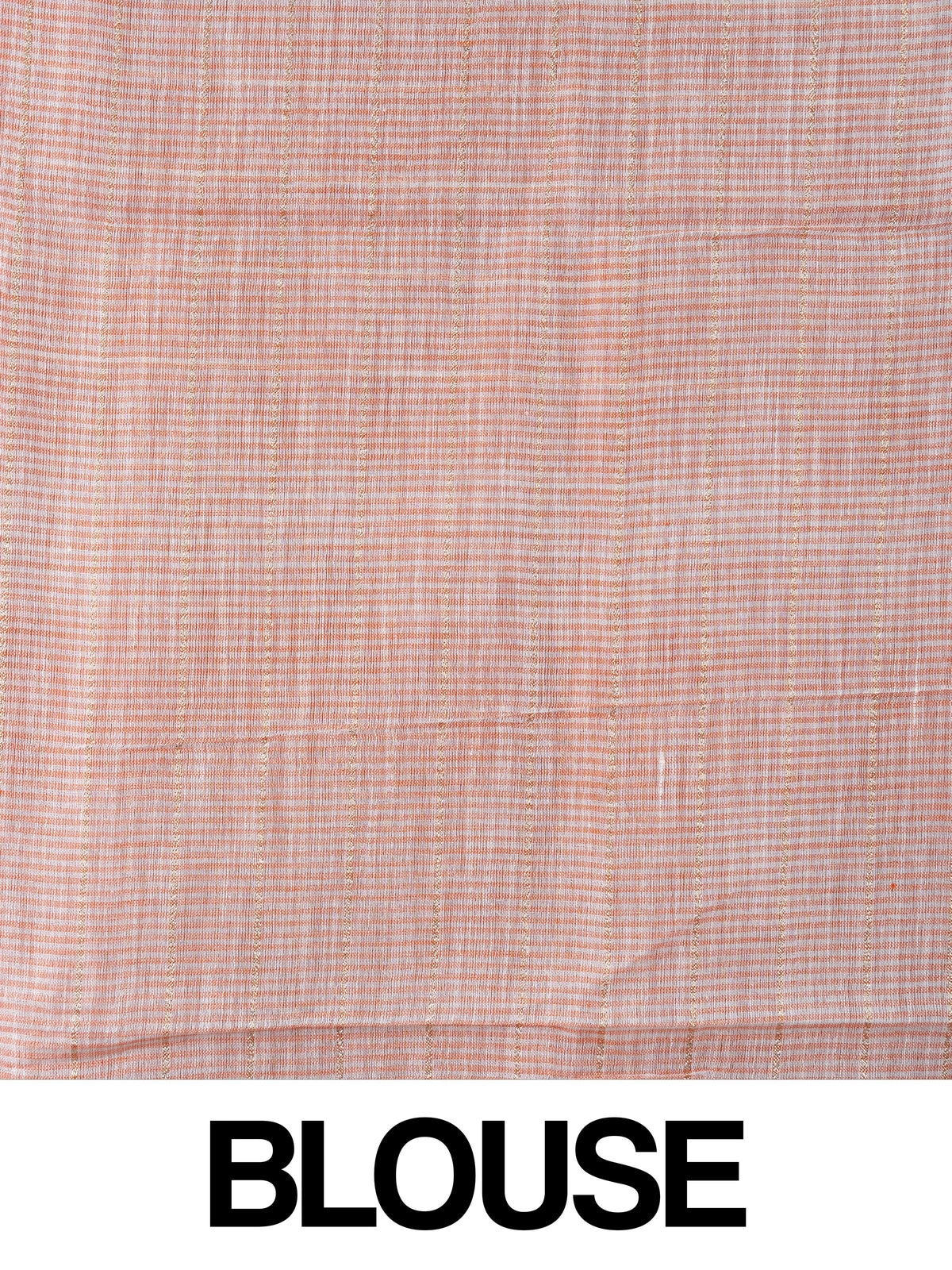 Peach linen cotton saree with white and gold zari checks and contrast striped border