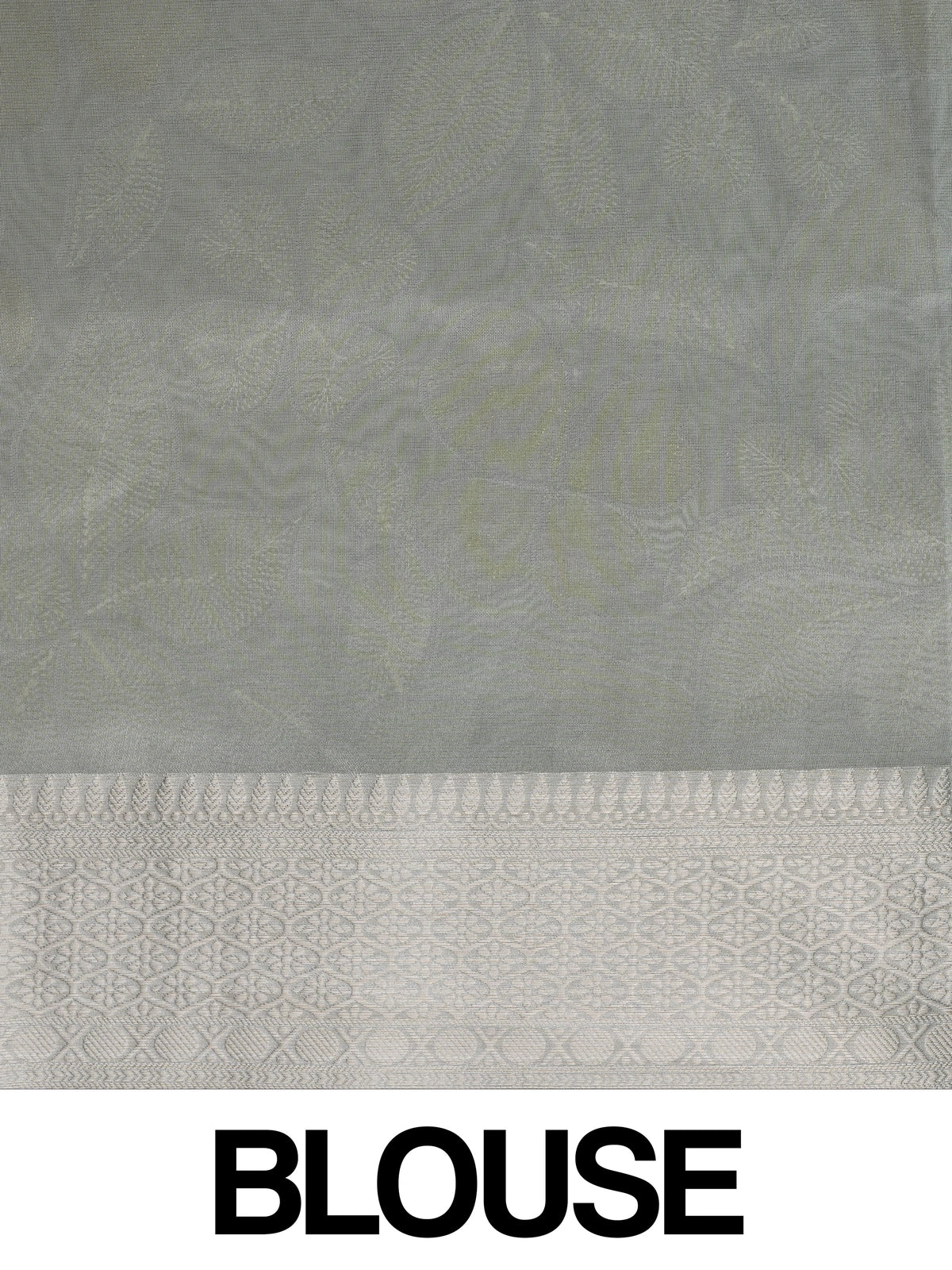 Pastel grey-green organza designer saree with floral embroidery and silver zari border