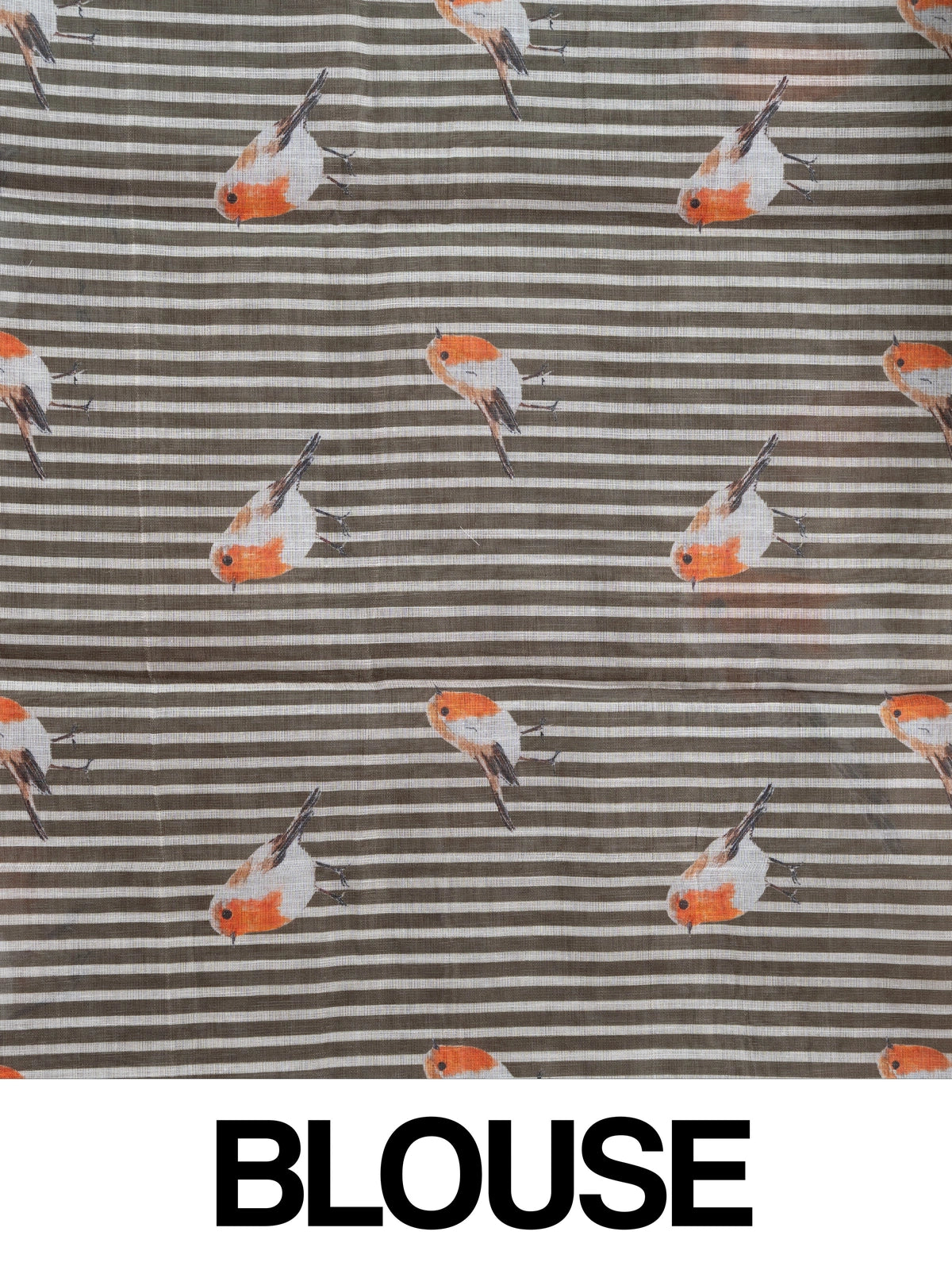 Beige linen cotton saree with orange robin bird prints and a golden zari border