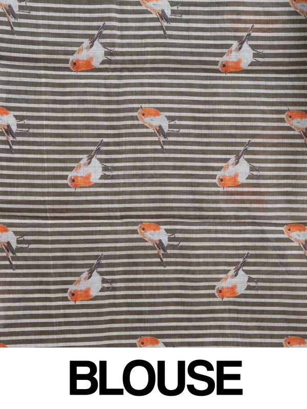 Beige linen cotton saree with orange robin bird prints and a golden zari border