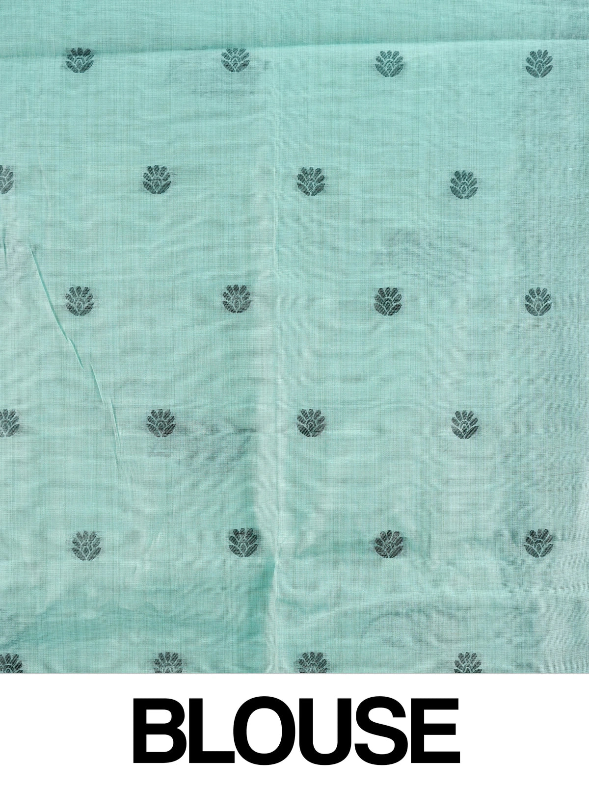 Sea green linen cotton saree with dark teal paisley buttas, floral border and scenic peacock and deer pallu