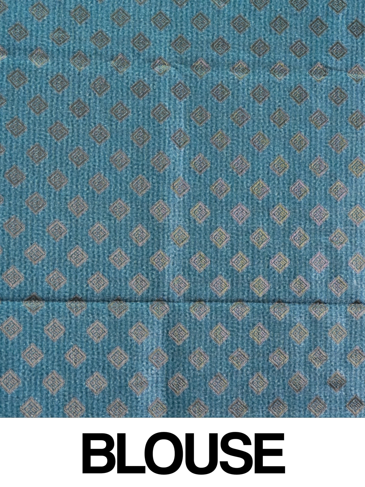 Teal blue semi tussar saree with floral print, diamond zari grid and contrast geometric border