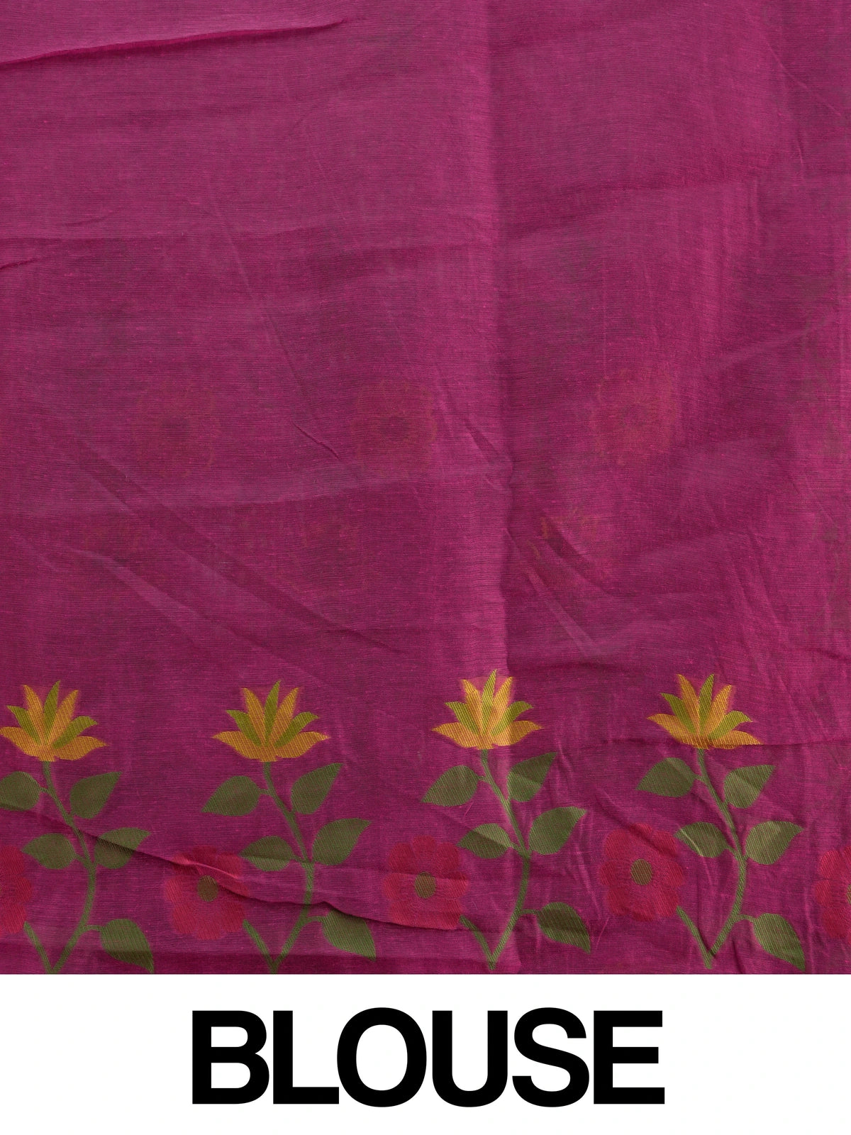 Magenta pink linen cotton saree with woven multicolour floral motifs and floral vine pallu