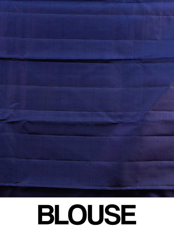 Onion pink and navy blue pure Kanchipuram silk saree with checked body, gold zari border and floral zari pallu
