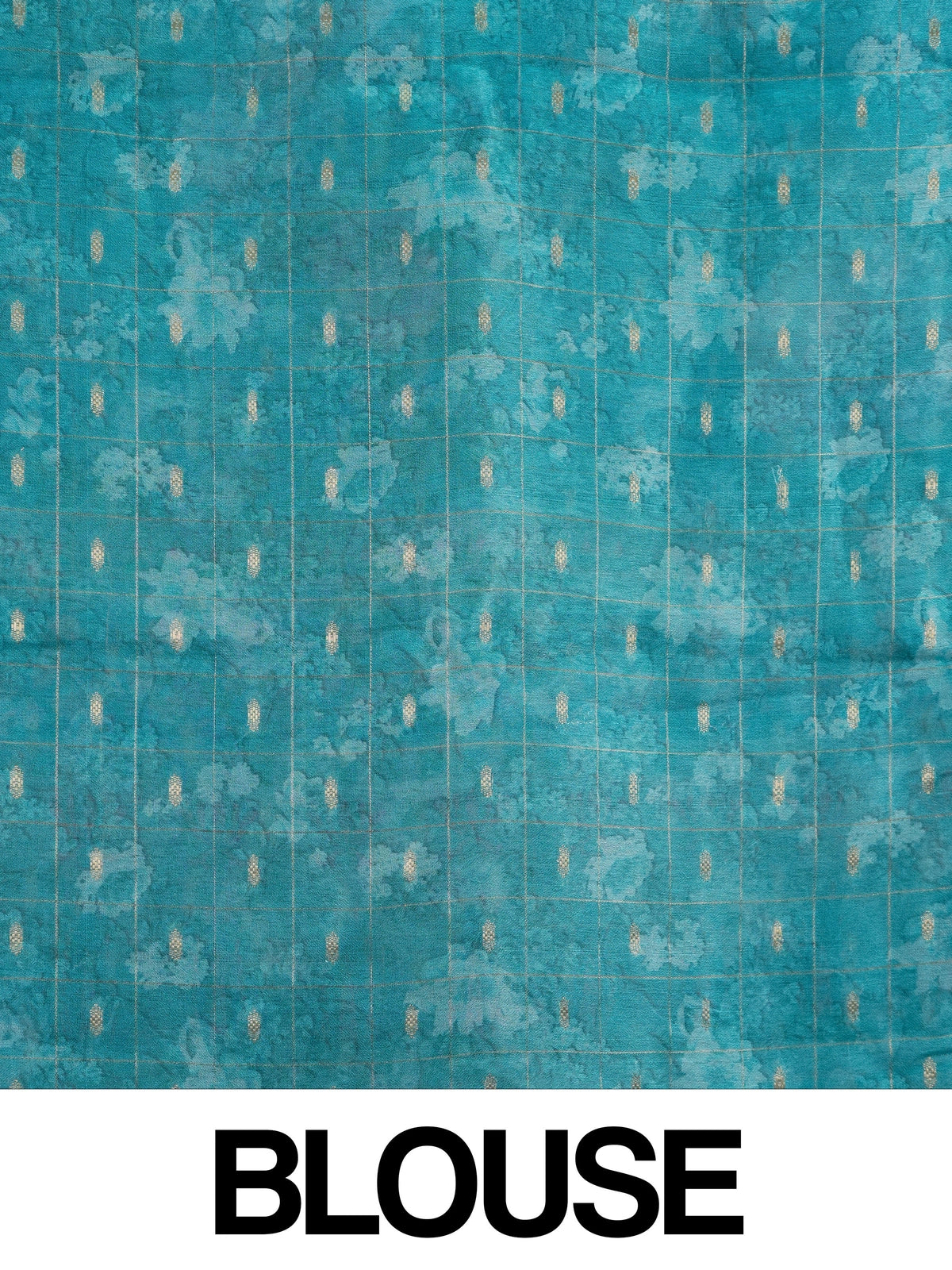 Turquoise blue floral designer saree with gold zari checks and contrast gold border