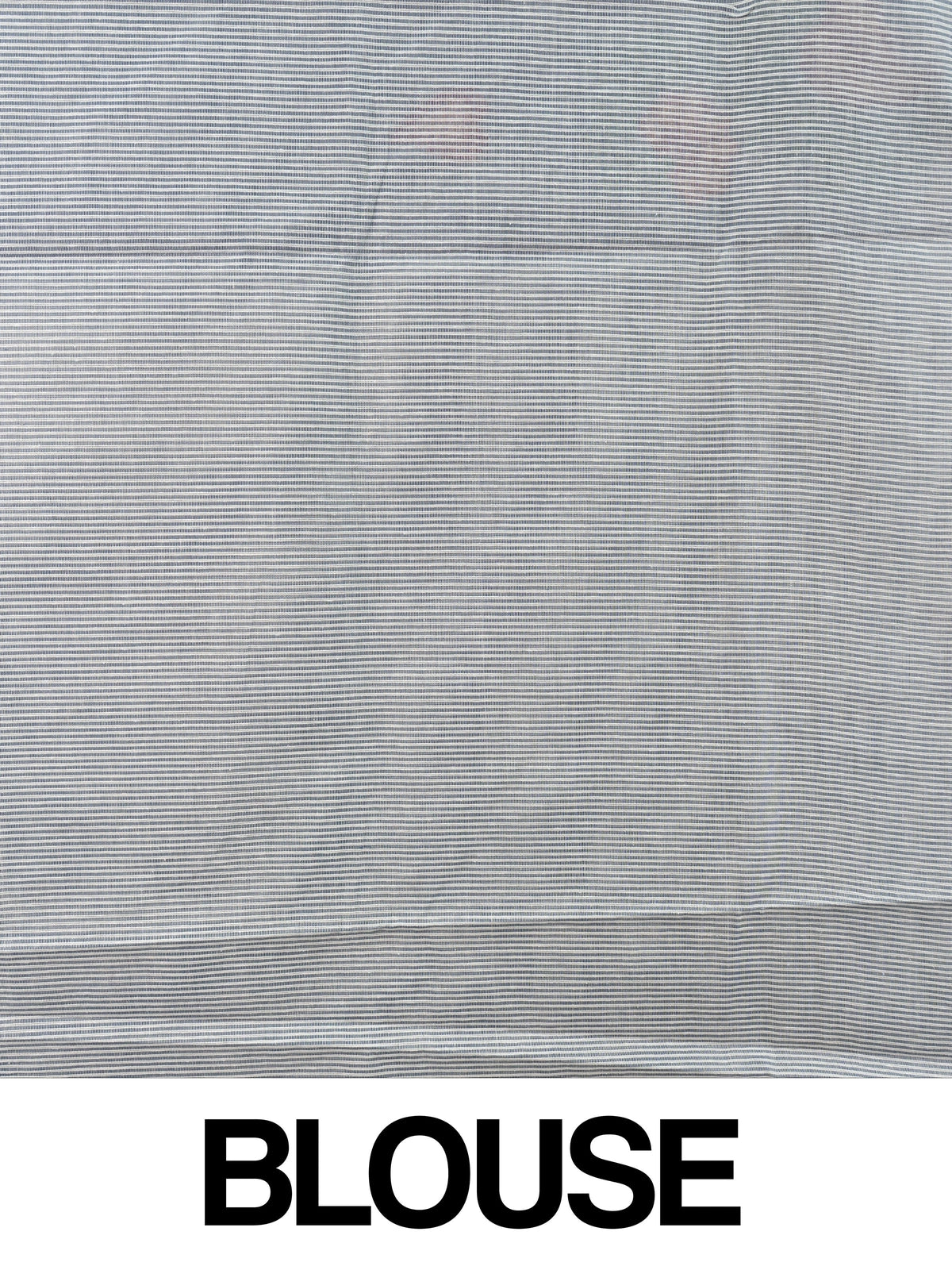 Grey linen cotton saree with red and cream floral buta motifs and striped pallu