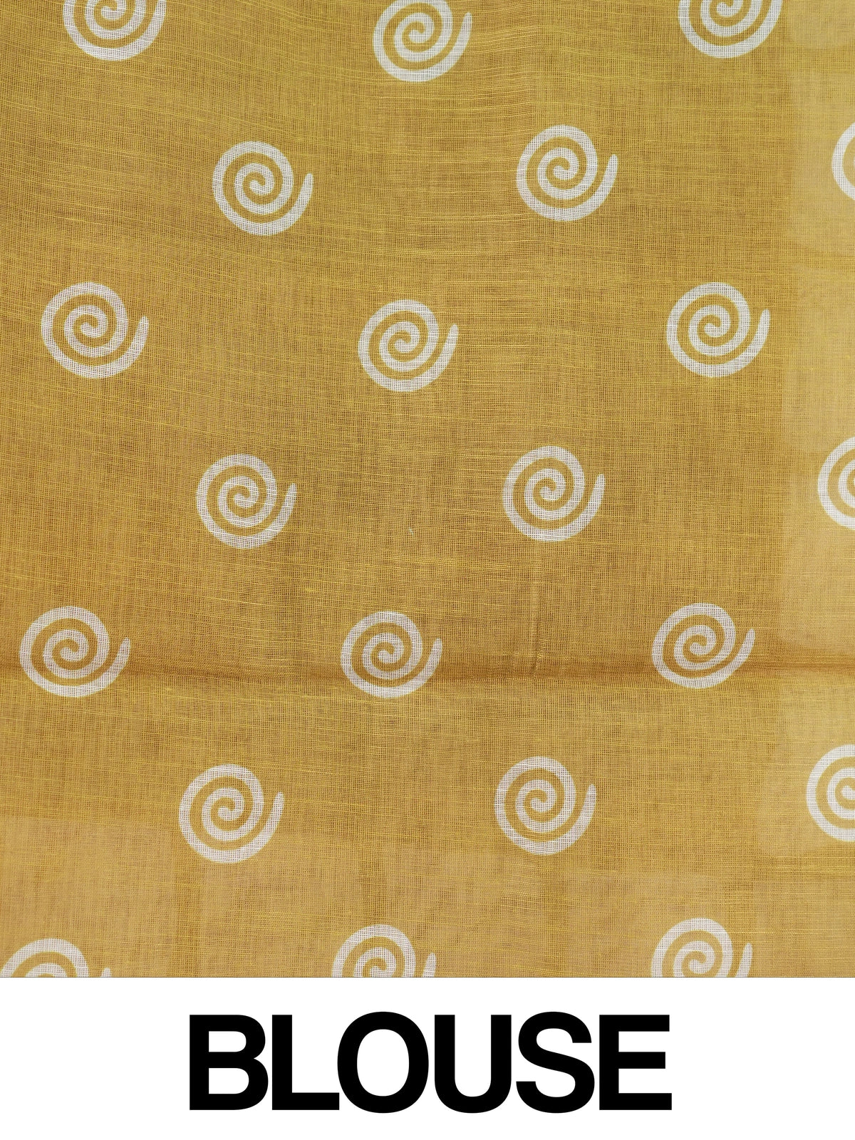 Mustard and white batik print linen cotton saree with contrast tile border and spiral motifs