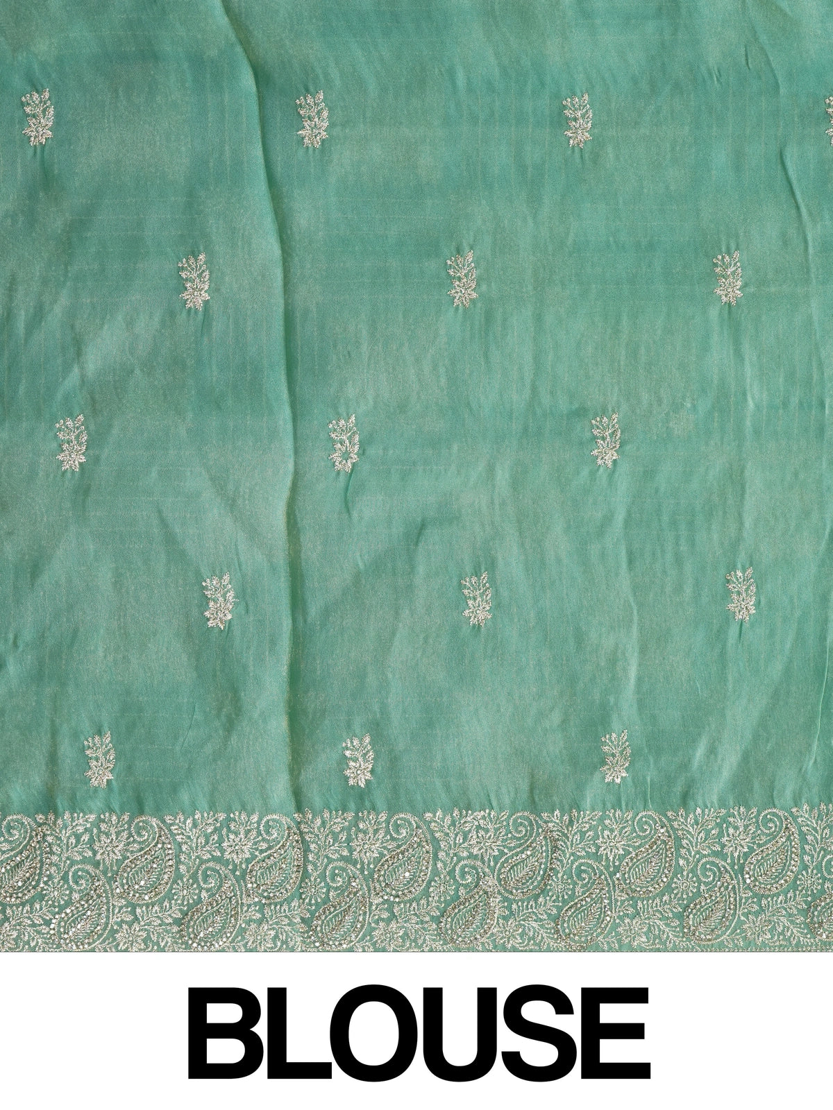 Sea green designer organza saree with silver zari and sequin paisley embroidery and embellished border