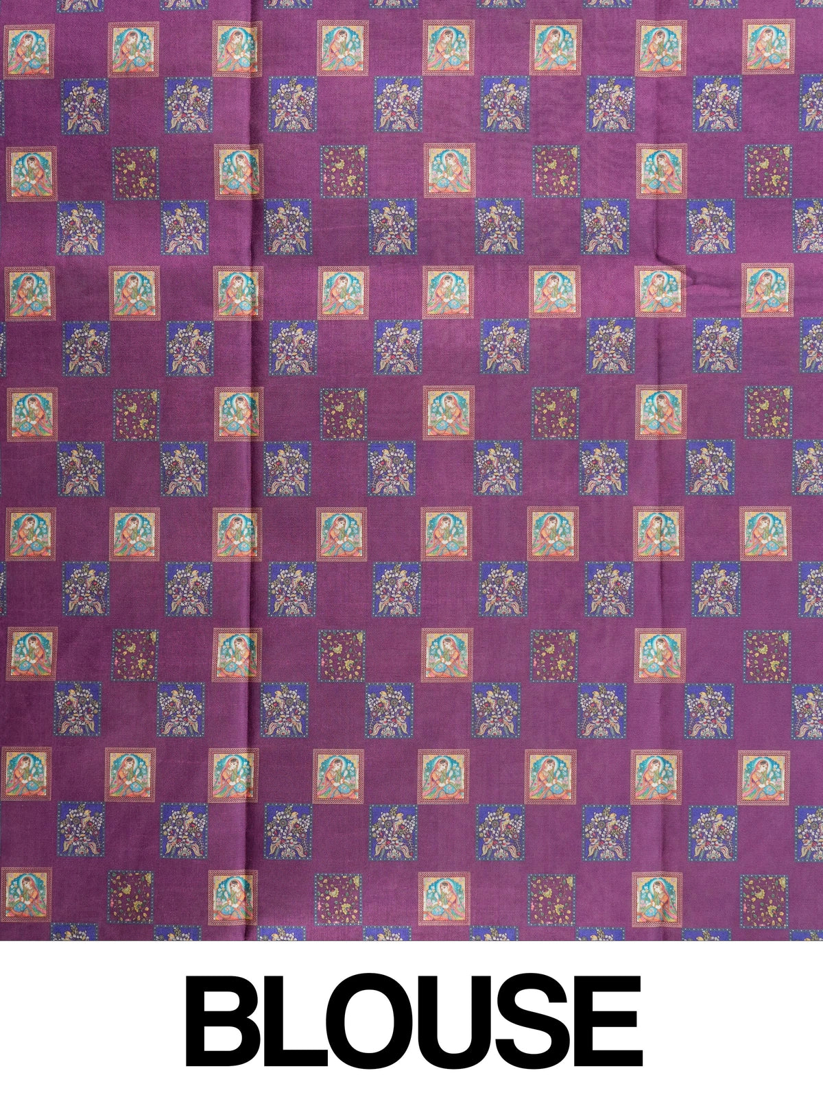 Purple Dola silk saree with Mughal miniature print panels and contrast pink gold zari border