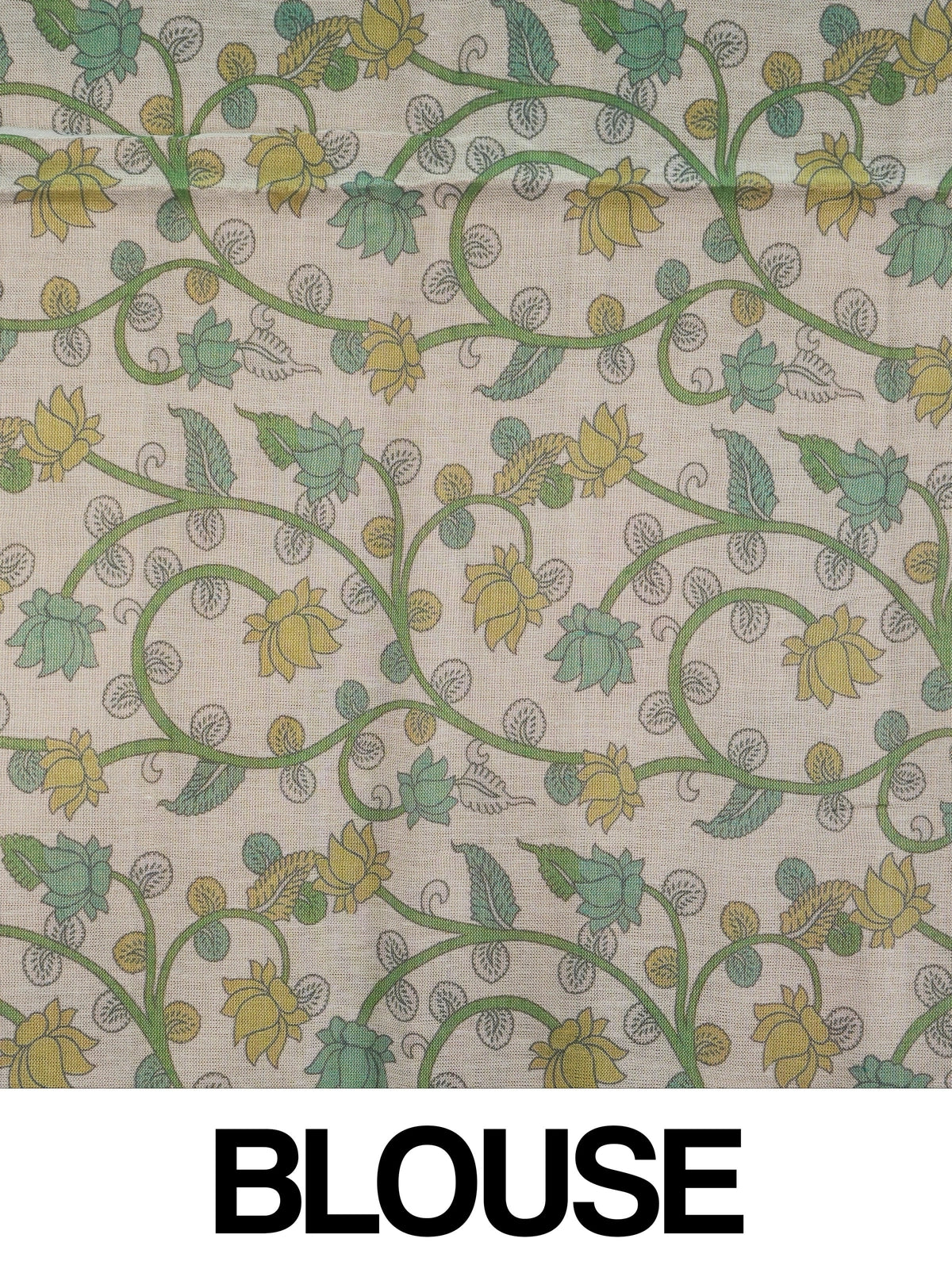 Sea green and cream linen cotton saree with checked body and Kalamkari peacock floral pallu