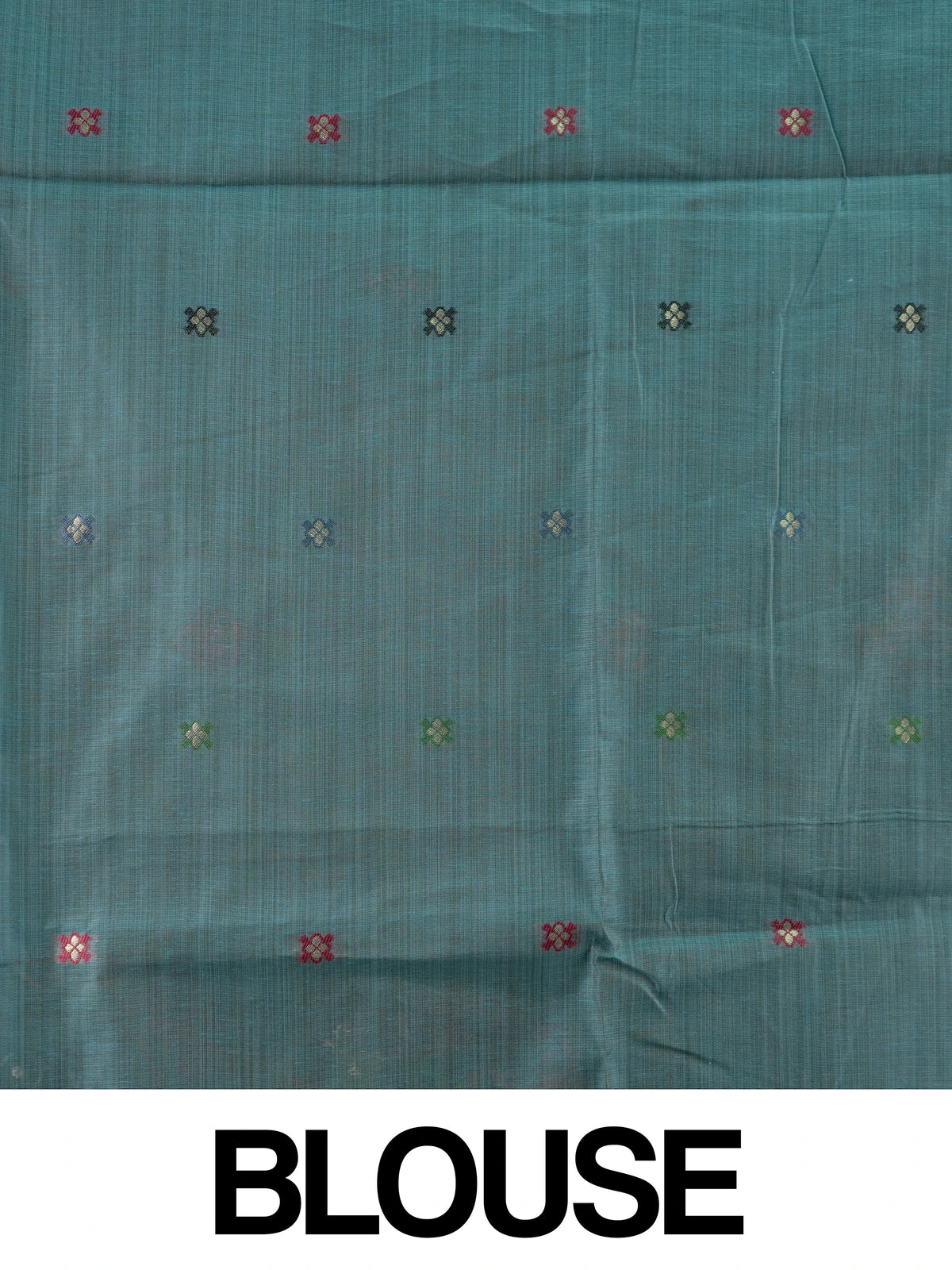 Teal blue linen cotton saree with floral butta body, gold zari border and parrot motif pallu