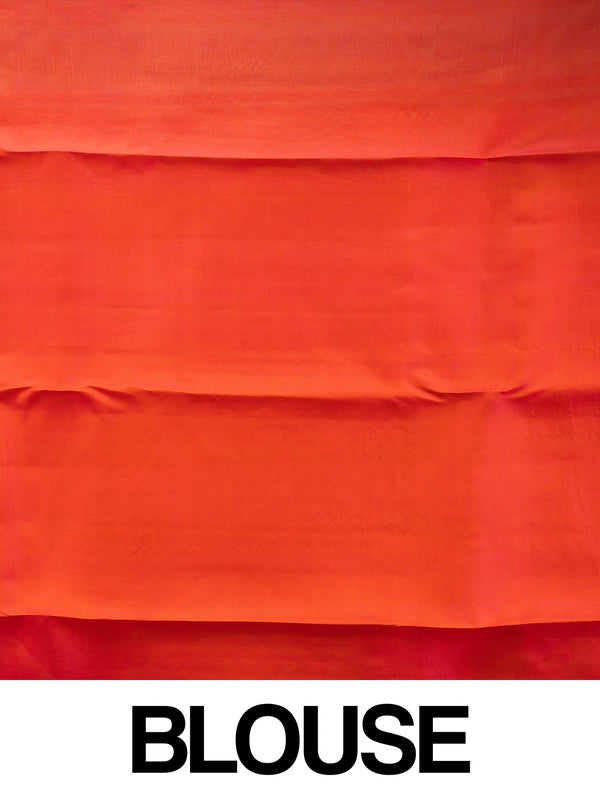 Teal pure Kanchipuram silk saree with contrast orange-red gold zari border and woven pallu