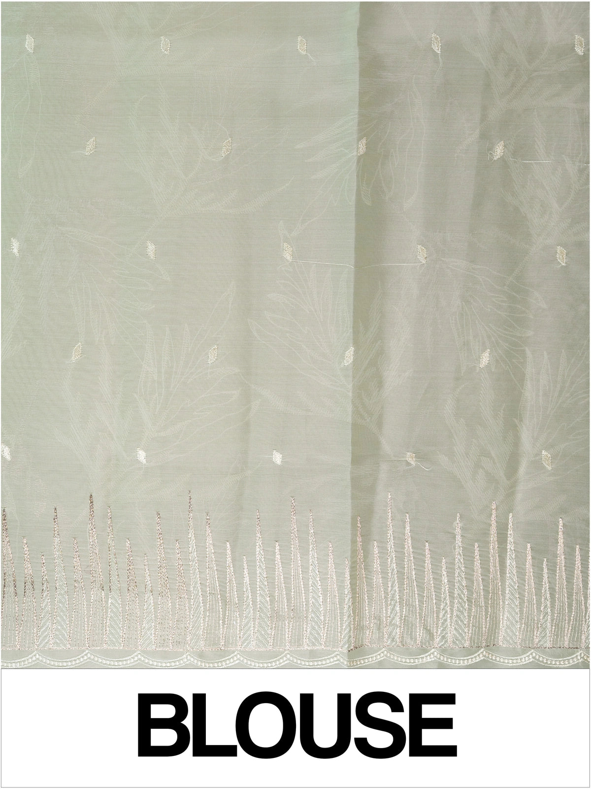 Sage green organza designer saree with white leaf embroidery and contrast yellow blouse