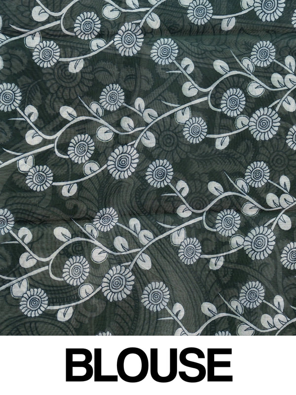 Dark green linen cotton saree with off-white Kalamkari peacock and floral printed pallu and gold zari border