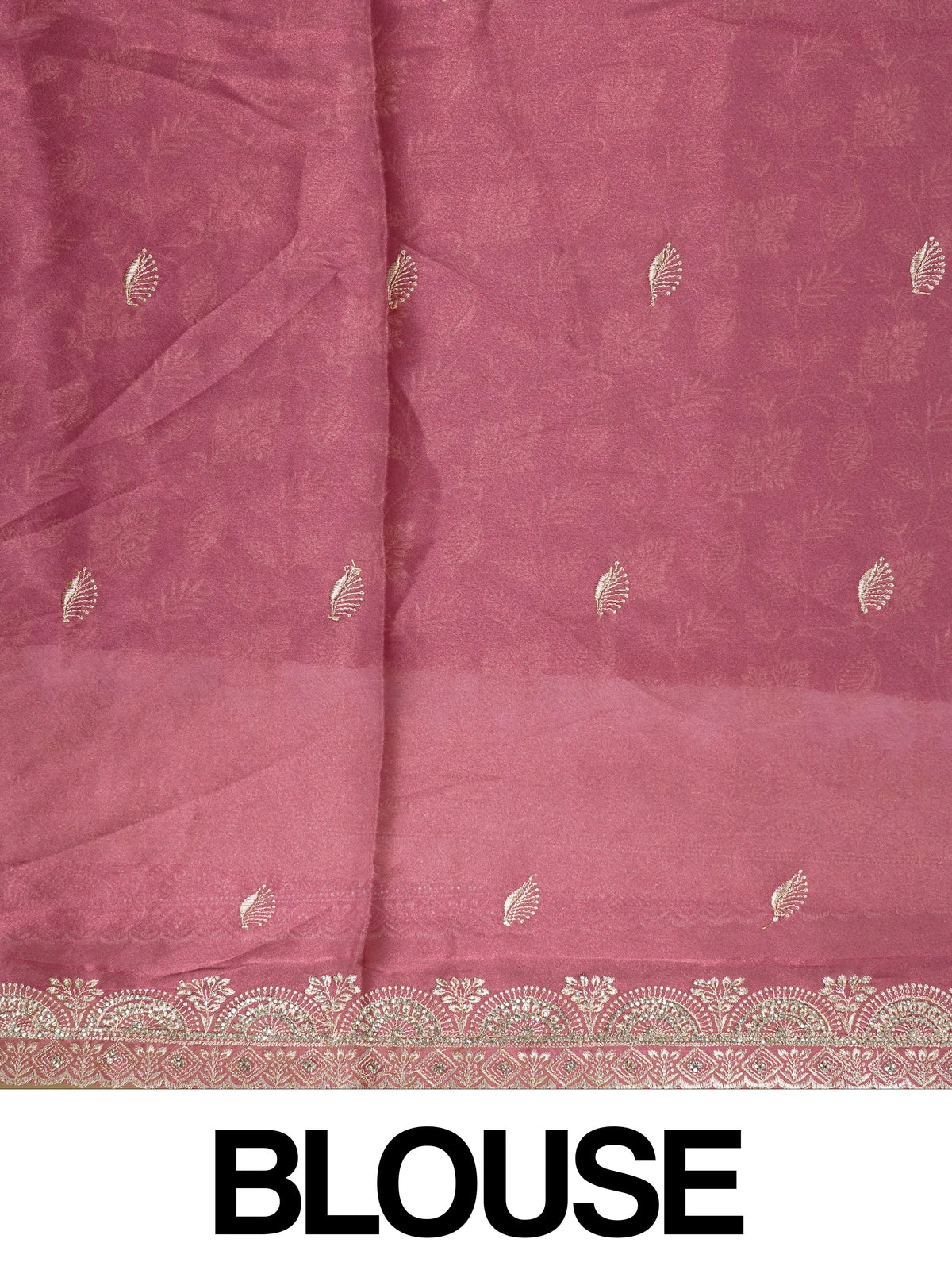 Mauve pink organza designer saree with gold floral zari embroidery and scalloped border