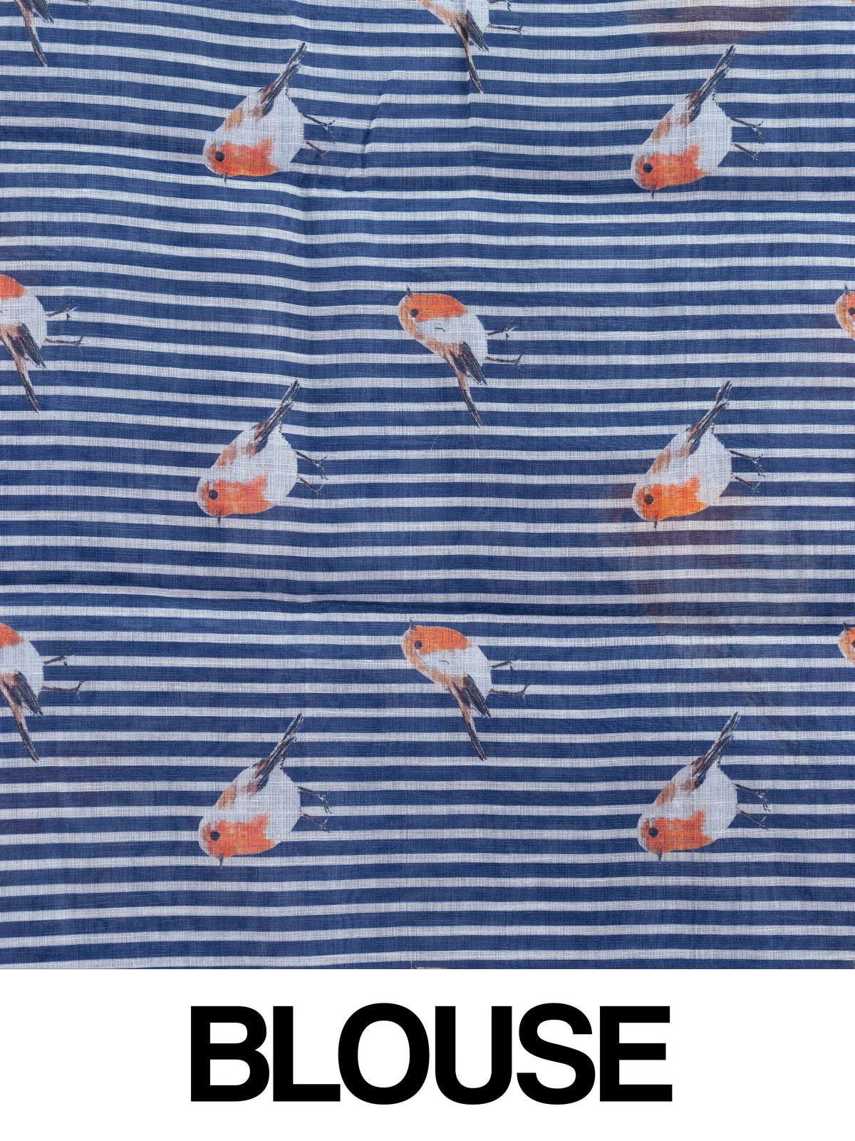 Periwinkle blue linen cotton saree with orange and white robin bird prints and a gold zari border