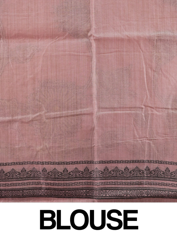 Dusty rose pink linen cotton saree with contrast printed border and floral pallu