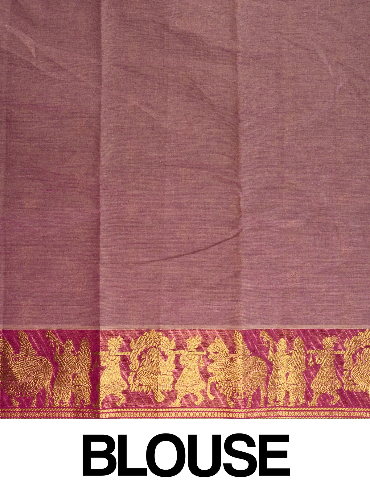 Dusty mauve Chettinad cotton saree with gold zari buttas and contrast magenta figurative border