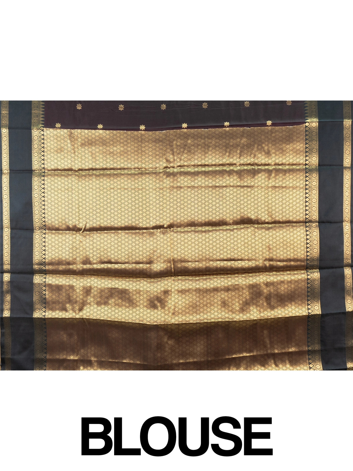 Wine brown Kanchi semi silk saree with contrast green and gold zari border and floral buttas