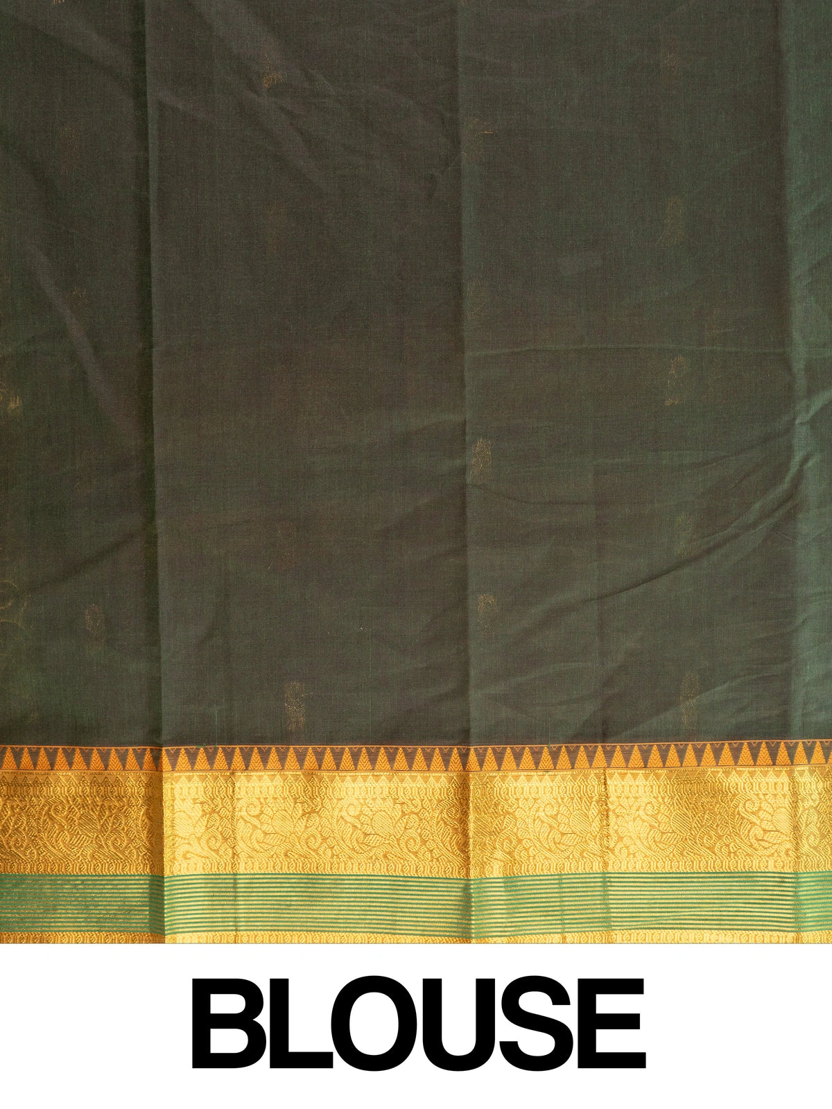 Dark green Chettinad cotton saree with mustard gold zari border and woven floral pallu