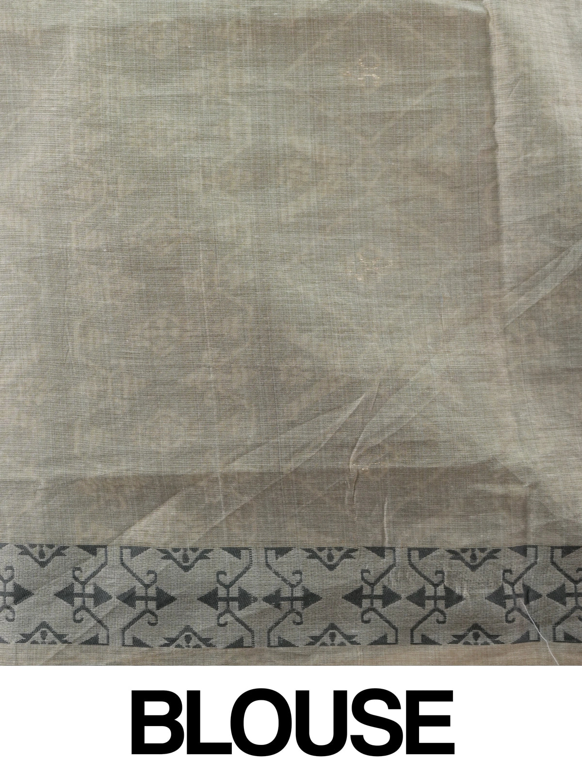 Cream and grey linen cotton saree with geometric grey pallu, border and silver zari floral buttas