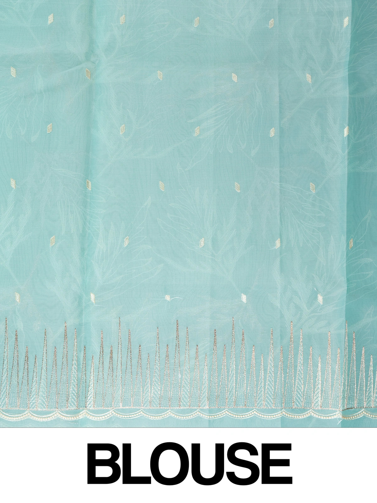 Aqua sea green organza designer saree with silver leaf embroidery and scalloped border