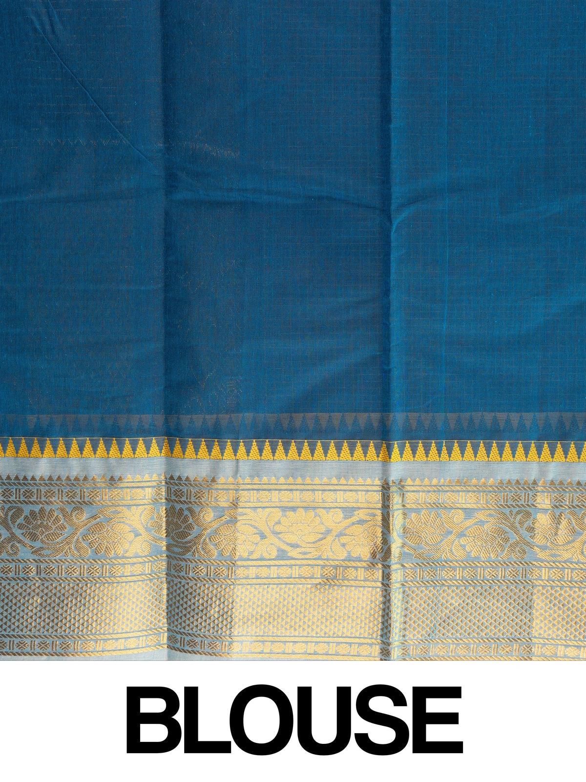 Teal blue Chettinad cotton saree with gold zari temple border, woven checks, and contrast yellow blouse