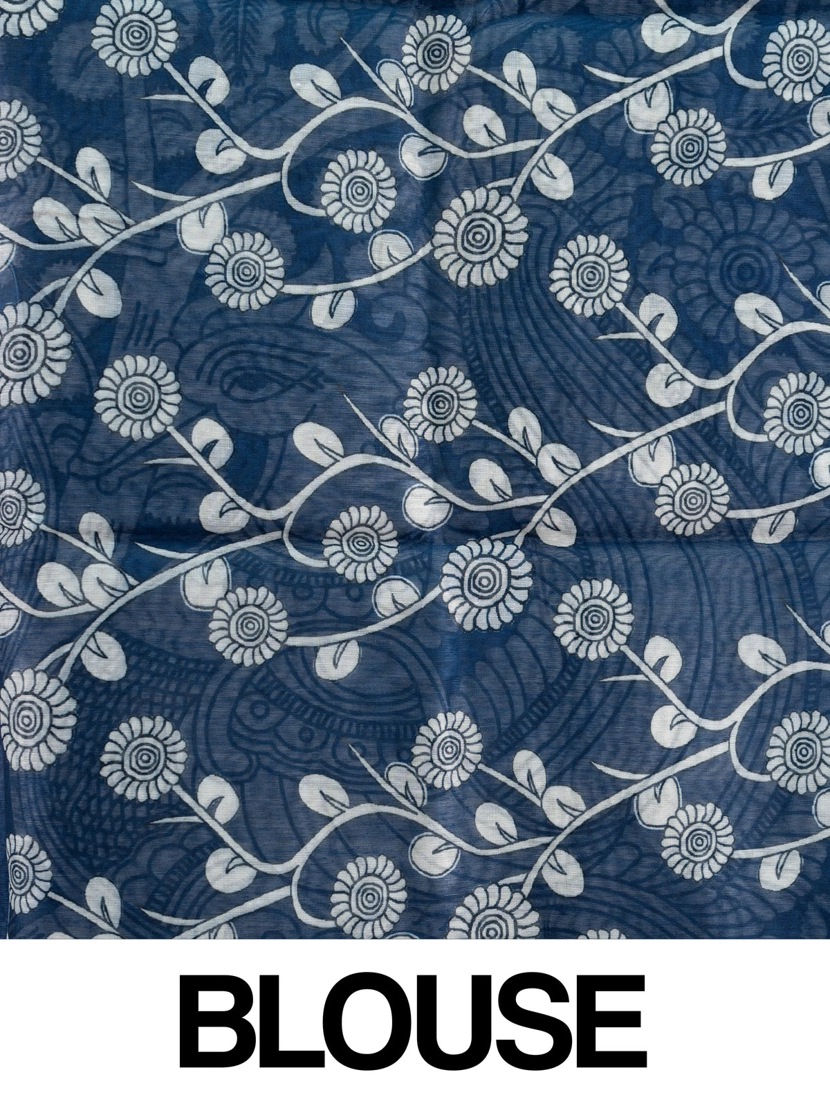 Navy blue linen cotton saree with grey border and white Kalamkari peacock and floral pallu