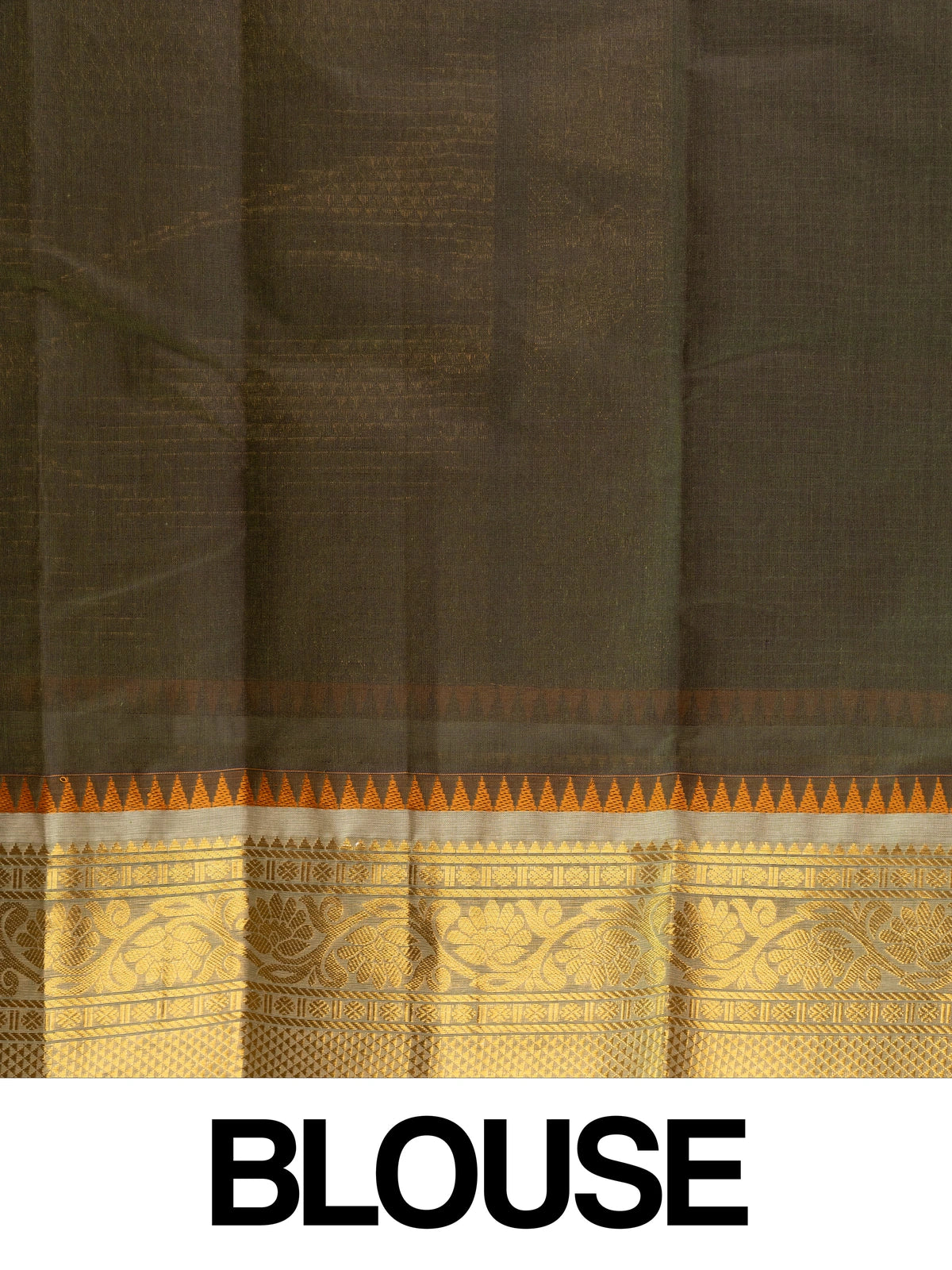 Olive green Chettinad cotton saree with checked body and gold zari border