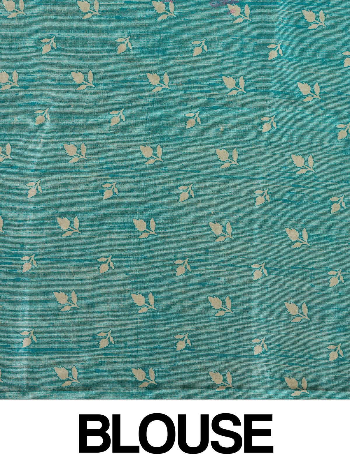 Beige Dola silk saree with pink and blue floral print and contrast teal zari border