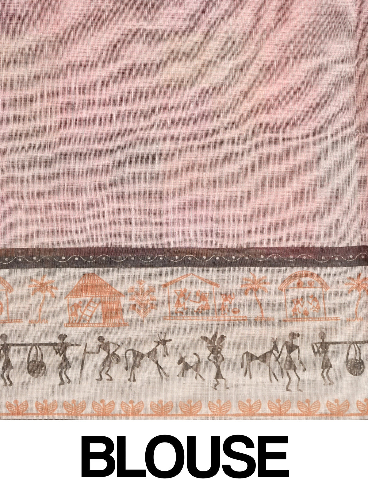 Red and cream multicolour checked linen cotton saree with Warli-print border and pallu
