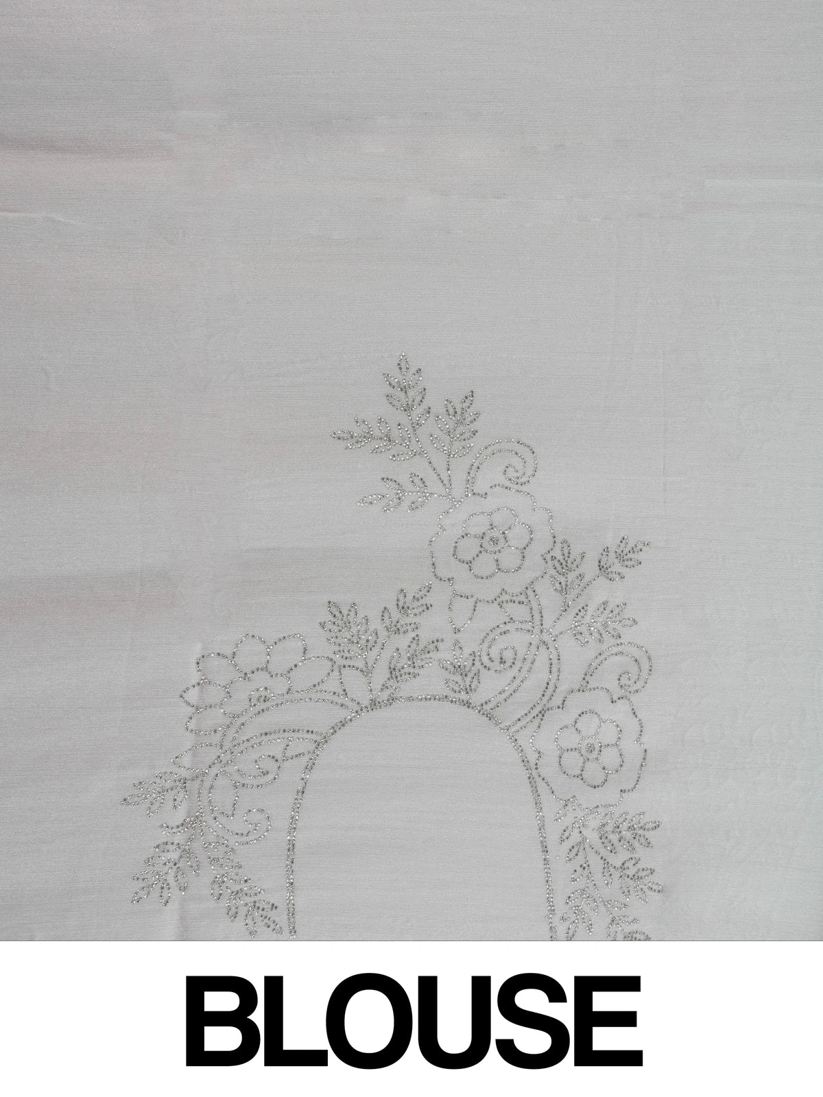 Light grey sheer designer saree with silver stone stripes and scalloped border, styled with a yellow embroidered blouse