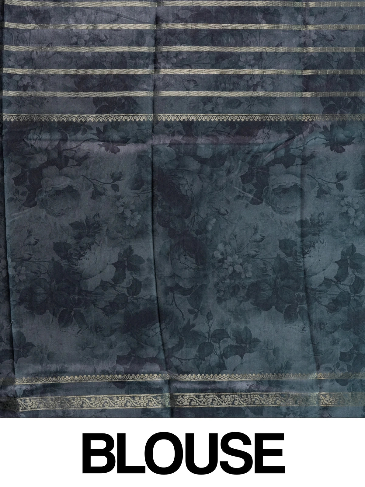 Charcoal grey semi tussar saree with gold zari stripes, floral prints, and a woven gold border