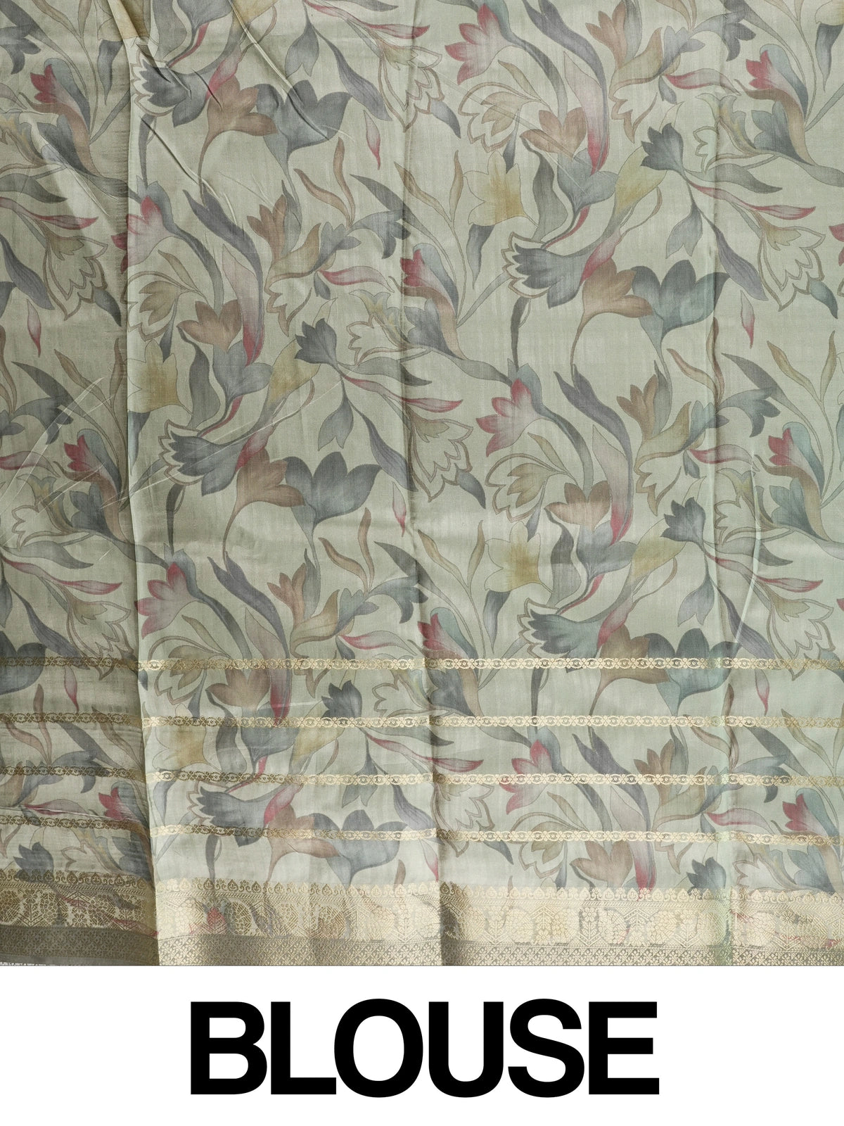 Cream semi tussar saree with multicolour floral print and grey gold zari border