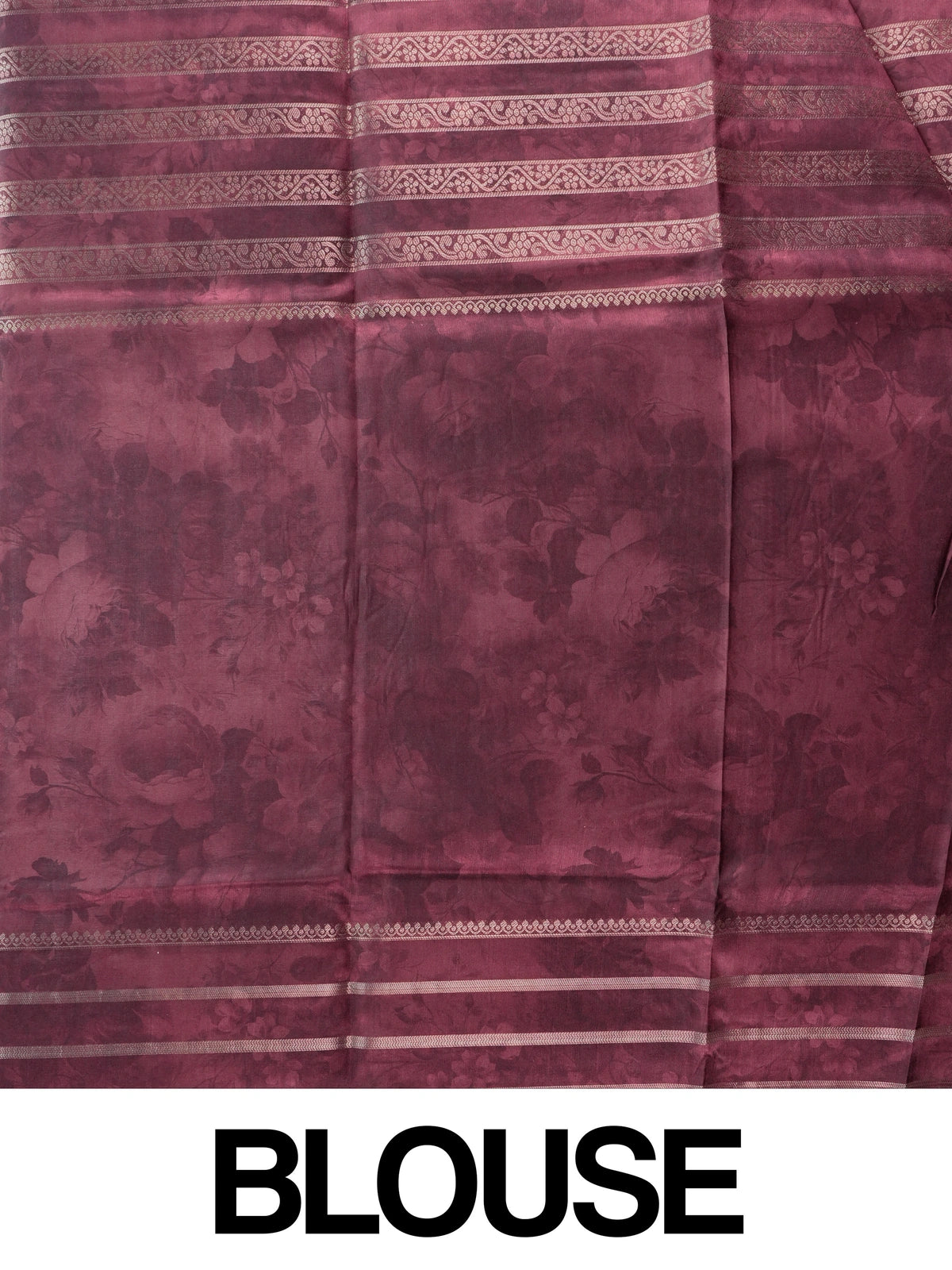 Wine semi tussar saree with gold zari stripes, floral print pallu and zari border