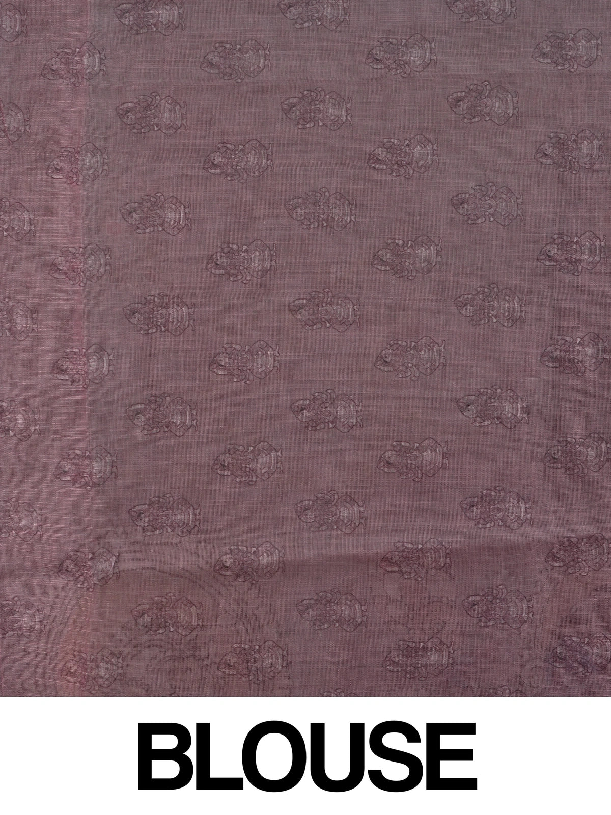 Grey linen cotton saree with Kalamkari-style figurative prints, coral chevron border and contrast mauve blouse
