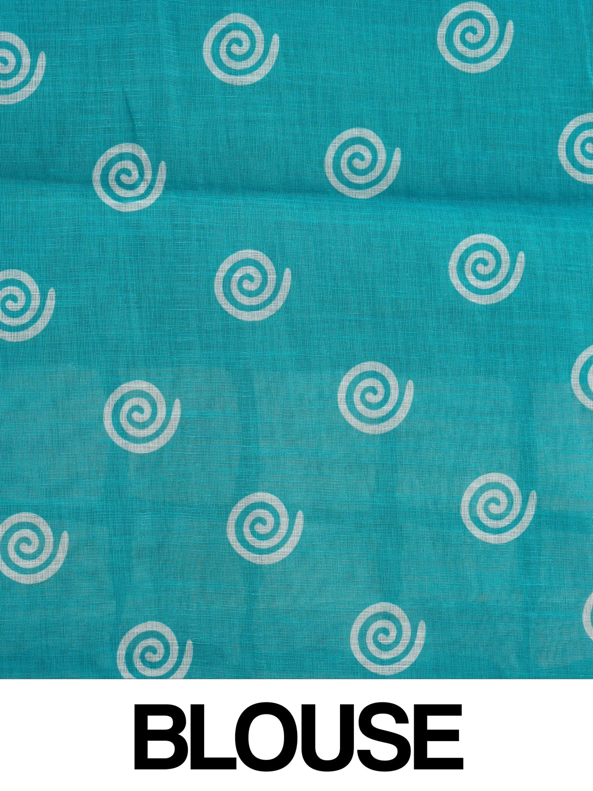 Teal and off-white linen cotton saree with batik grid border and white spiral motifs