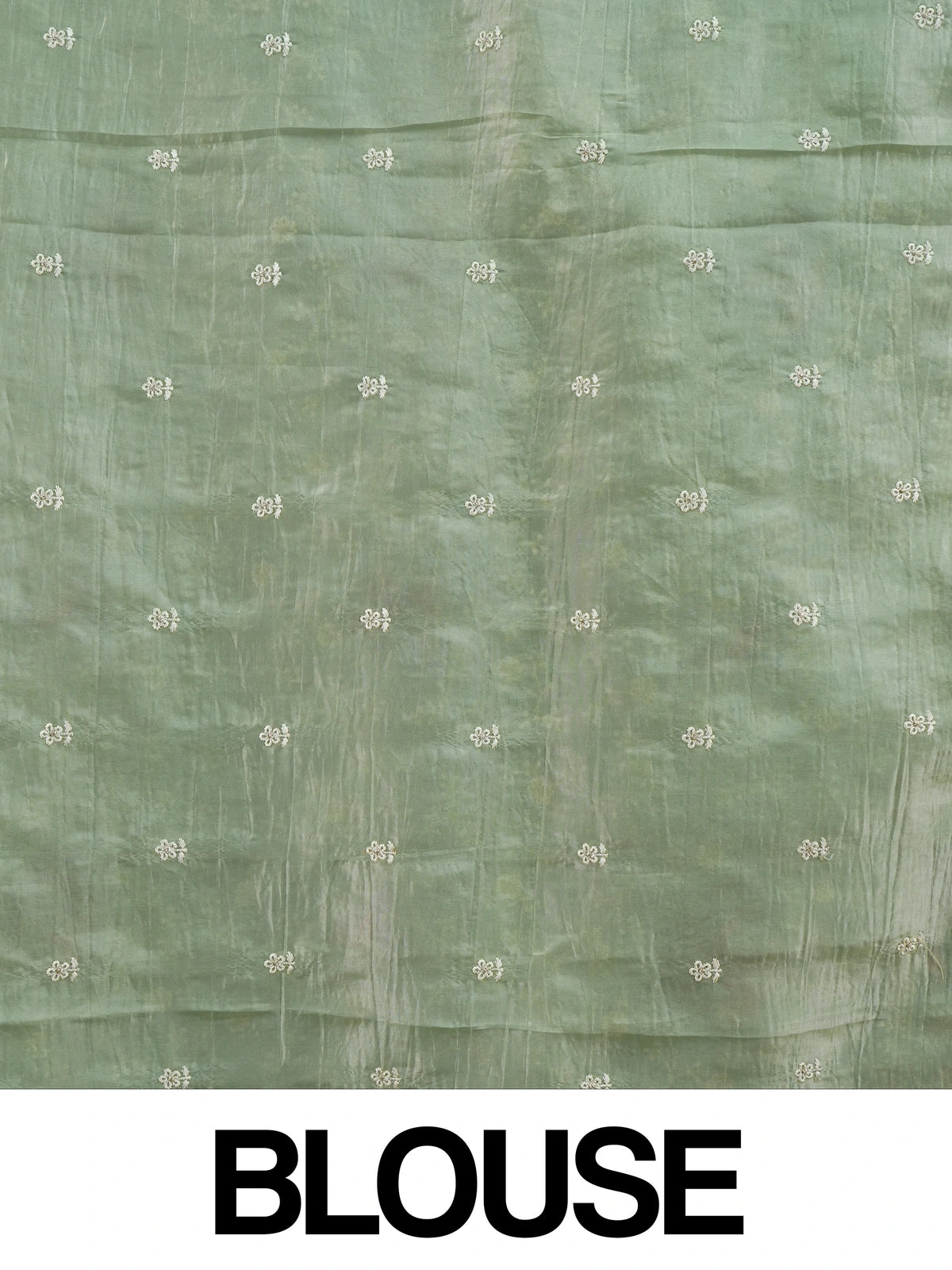 Sage green designer saree with white floral embroidery, pink bird and elephant motifs and pom-pom lace border