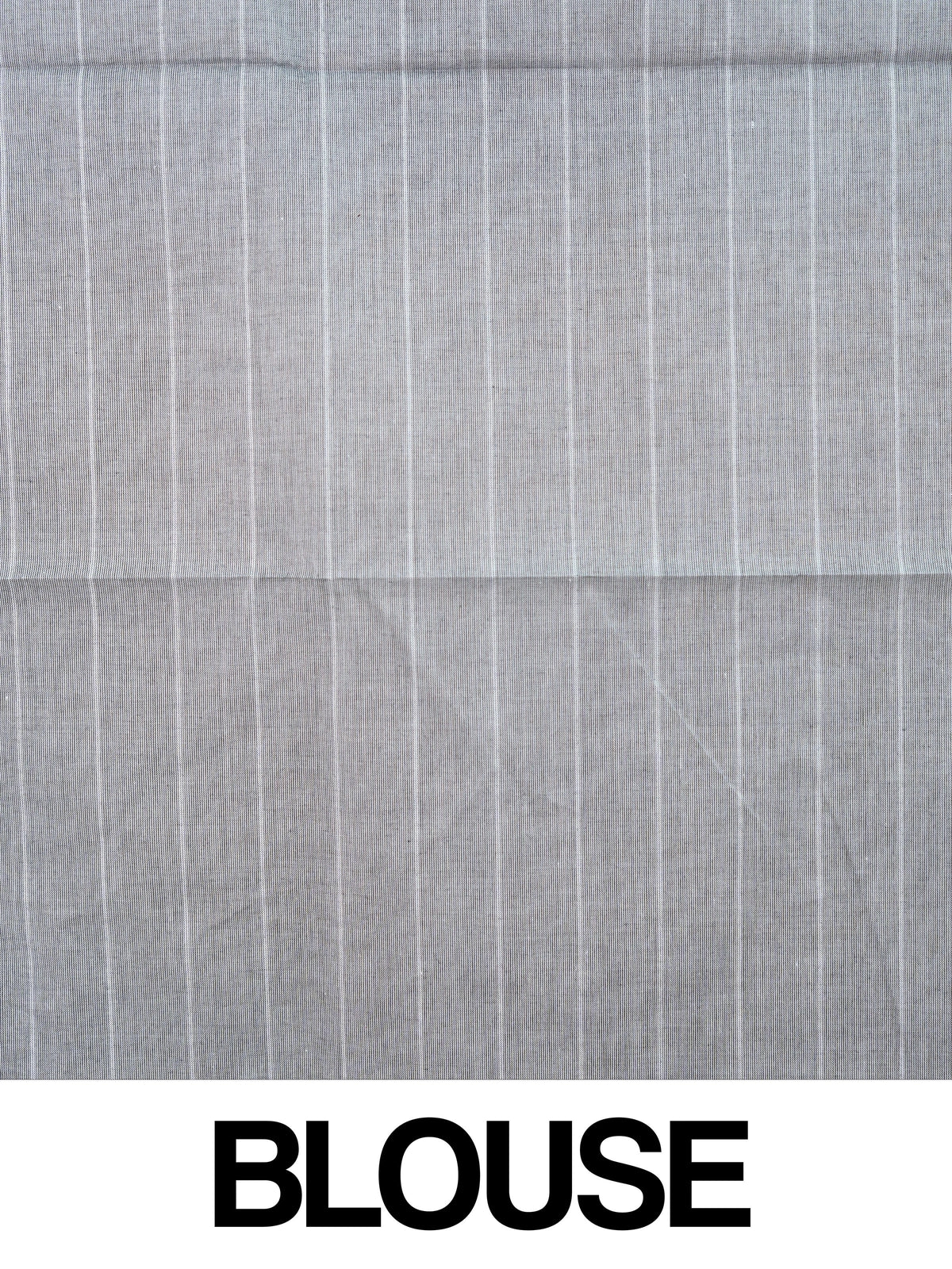 Grey Chettinad cotton saree with fine white stripes and contrast green gold zari temple border